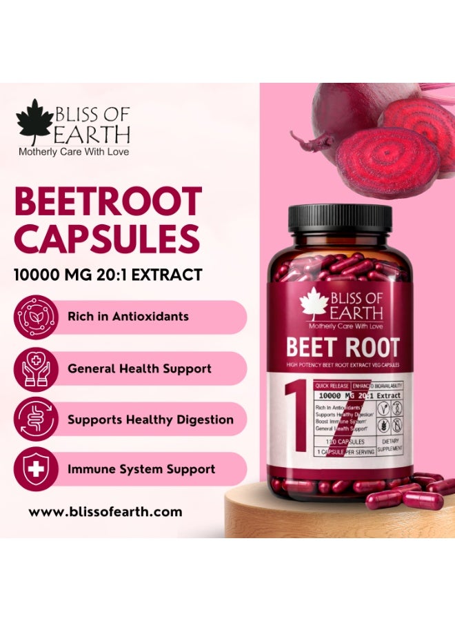 بليس اوف ايرث Bliss of Earth Beet Root Capsules 10000mg (20: 1) مستخلص جذر البنجر عالي الفاعلية | 120 كبسولات | يدعم الدورة الدموية والطاقة والقدرة على التحمل | معزز أكسيد النيتريك | كبسولات نباتية - Image 2